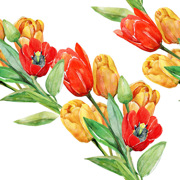 Red and yelollow tulips se.Image on white and colored background.Watercolor seamless pattern. - Foto, imagen