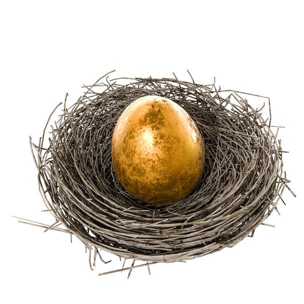 白い背景の3Dイラストに描かれた巣の中の黄金の卵  - 写真・画像