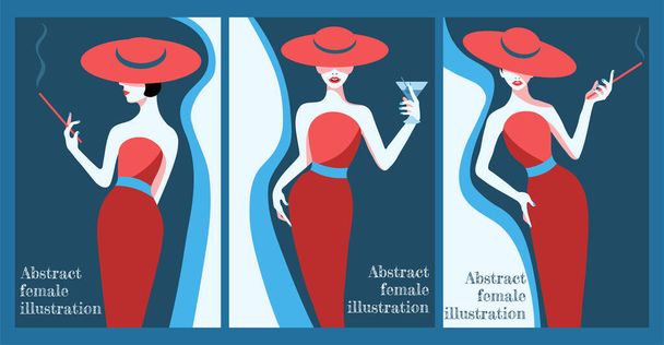 Коллекция абстрактных иллюстраций стилизованной женщины в шляпе и длинном платье - Вектор,изображение