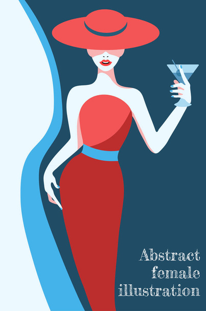  illustration abstraite de la mode stylisé femme en chapeau et robe rouge longue avec des éléments bleus  - Vecteur, image
