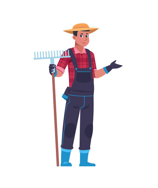 Farmer gereblyével. Egy rajzfilmfigura kertészeti felszereléssel. Az elszigetelt férfi munkaruhát és kalapot visel. Mezőgazdasági munkások betakarítása. Fémtenyésztő eszköz. Vektorkertész - Vektor, kép