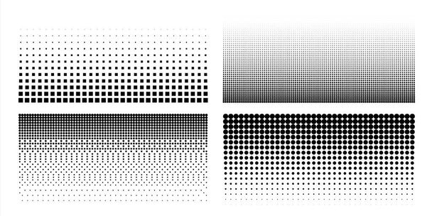 Schema dei punti mezzitoni. Texture comiche pop art. Set di modelli geometrici a mezzitoni in bianco e nero. Copertine perforate. Confini con pendenza da punti rotondi e quadrati. Sfondo vettoriale - Vettoriali, immagini