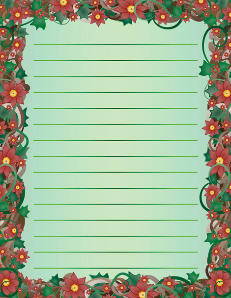 Lined letter form with floral frame. Floral wreath border letterhead. Green background - Foto, imagen