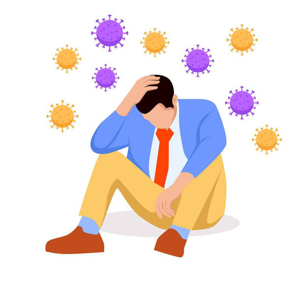 Solitude and depression from social distancing, isolated stay home alone in COVID-19 coronavirus crisis, anxiety from virus infection, Sad unhappy depressed man sit alone with virus pathogens - Vector, Image
