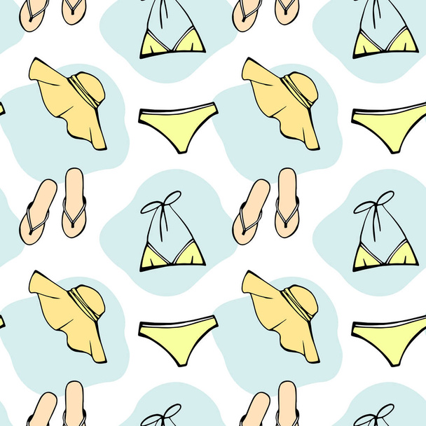 Summer beach seamless pattern. Ladies summer swimsuit, woman slippers and sun hat as design elements. Most popular clothing on vacation. Hand drawn sketch. Line. Colourful background on white. - Fotoğraf, Görsel