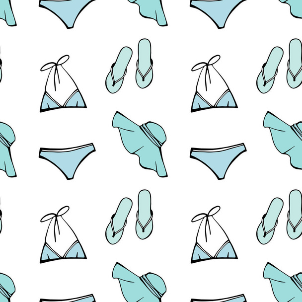 Summer beach seamless pattern. Ladies summer swimsuit, woman slippers and sun hat as design elements. Most popular clothing on vacation. Hand drawn sketch. Line. Colourful background on white. - Фото, изображение