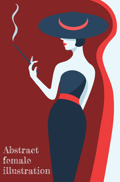  abstrakte Illustration einer modischen stilisierten Frau mit Hut und langem schwarzen Kleid mit roten Elementen - Vektor, Bild