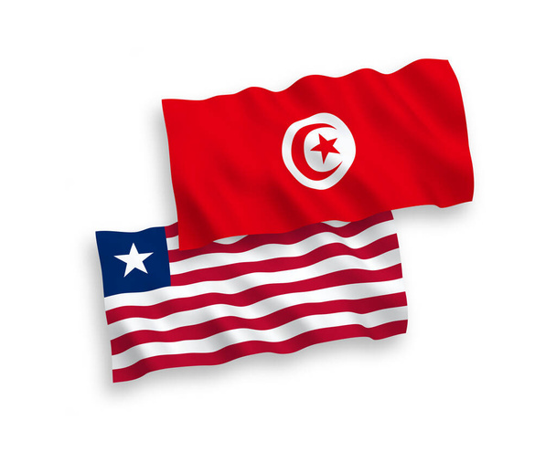 Narodowe flagi tkanin wektorowych Republiki Tunezji i Liberii izolowane na białym tle. Proporcja 1 do 2. - Wektor, obraz