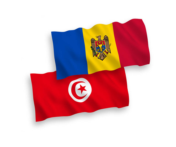 Narodowe flagi tkanin wektorowych Republiki Tunezji i Mołdawii odizolowane na białym tle. Proporcja 1 do 2. - Wektor, obraz
