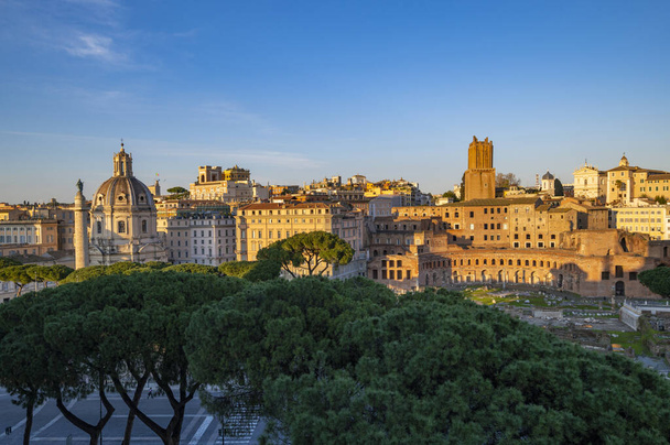 Rome Panorama of the city from the terrace of the Altar of the Fatherland, monument to Vittorio Emanuele II. Piazza Venezia with the Mercati Traianei, the Torre delle Milizie church in the center of Rome, Europe. - Photo, Image