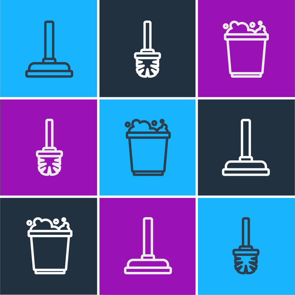 Set line Rubber plunger, Bucket with foam and Toilet brush icon. Vector - Vector, Image