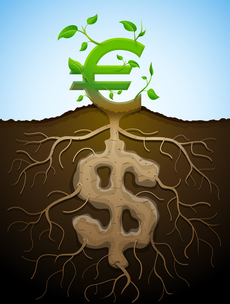 Crescente segno dell'euro come pianta con foglie e segno del dollaro come ro
 - Vettoriali, immagini