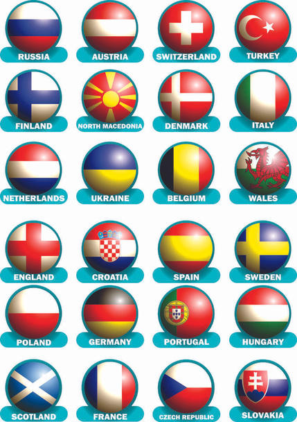 A 2020 / 2021-es labdarúgó-Európa-bajnokság résztvevőinek nemzeti lobogói. Elszigetelt tárgyak. Vektorkép. - Vektor, kép