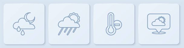 Ustaw linię Chmura z deszczem i księżycem, termometr meteorologiczny, słońce i chmura lokalizacji. Biały, kwadratowy przycisk. Wektor - Wektor, obraz