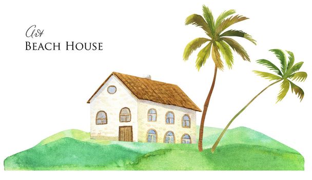 Aquarel strandhuis. Witte huis onder de palmen. Tropische landschapsschets - Foto, afbeelding
