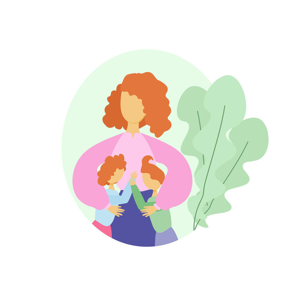 Мама обнимает детей, векторная иллюстрация в плоском стиле о материнстве и детях для дизайна - Вектор,изображение