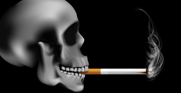 World no tabacco day campaign illustration no cigarette for health scary skull smoking in black dark background - Photo, Image
