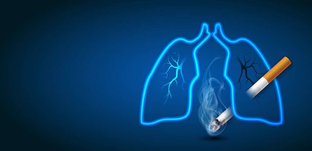 Kampagne gegen das Rauchen beenden Illustration keine Zigarette Gesundheit Zigarettenpanzer Lunge vor dunkelblauem Hintergrund - Foto, Bild