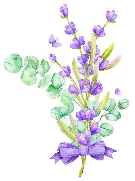 A bouquet of green eucalyptus leaves and lilac lavender. Watercolor illustration Hand drawn eucalyptus branch with lavender flowers - Foto, Imagen