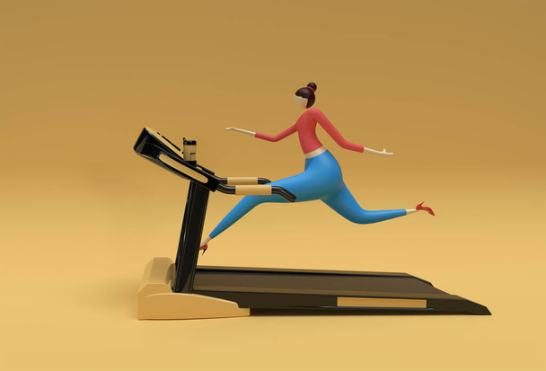 3d representación mujer corriendo cinta de correr máquina en un fondo de aptitud. - Foto, Imagen