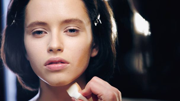 makeup artist holding cosmetic sponge while applying face foundation on model  - Valokuva, kuva