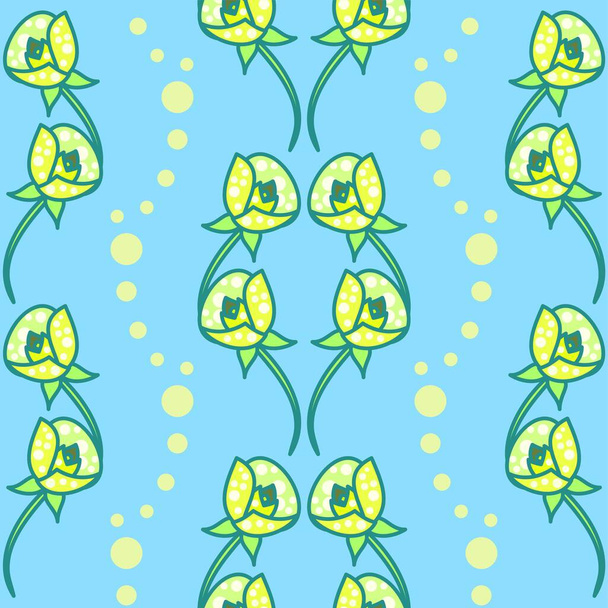 vetor floral amarelo bonito padrão de repetição sem costura dispostos em linhas onduladas com bolinhas decorativas em um fundo azul céu - Vetor, Imagem