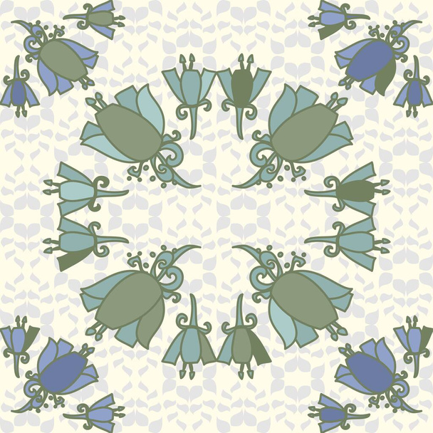 szimmetrikus zökkenőmentes, vektor ismétlődő minta virágok alkonyatos zöld és kék rendezett körökben egy krém dekoratív, csipke hatás háttér - Vektor, kép