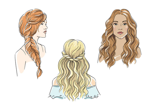 Set of different female hairstyles with long hair  vector illustration - Vector, Image