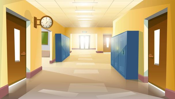 Vector-Cartoon-Stil leer ohne Schüler Schulflur mit Türen und Uhr an der Wand. - Vektor, Bild