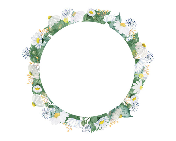 Vintage white flowers with green leaves circle frame painting watercolor illustration - Zdjęcie, obraz