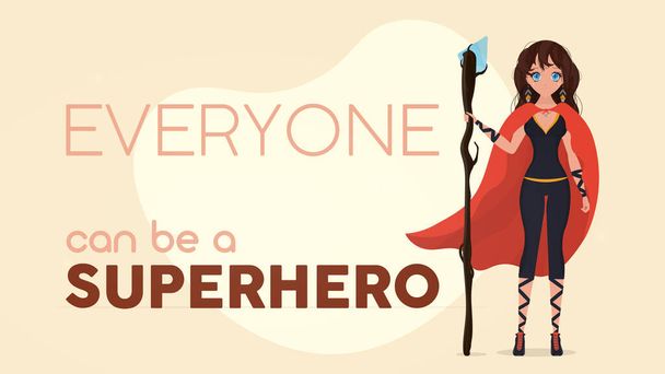 Todo el mundo puede ser una pancarta de superhéroes. Chica con una capa roja. Mujer superhéroe. Concepto de persona exitosa. Vector. - Vector, Imagen