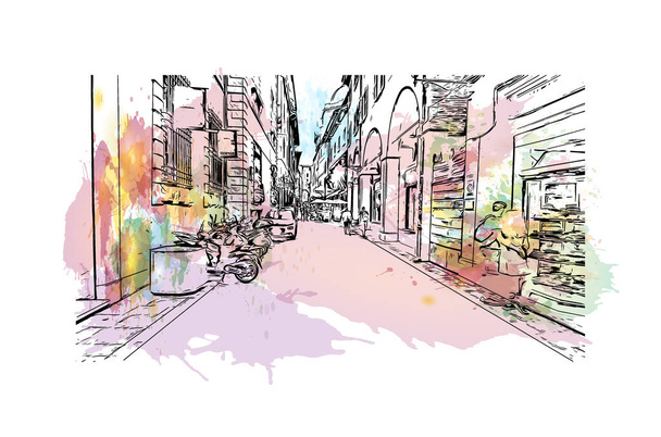Vytisknout Pohled na budovu s orientačním bodem Boloně je město v Itálii. Akvarelové stříknutí s ručně kresleným náčrtem ilustrace ve vektoru. - Vektor, obrázek