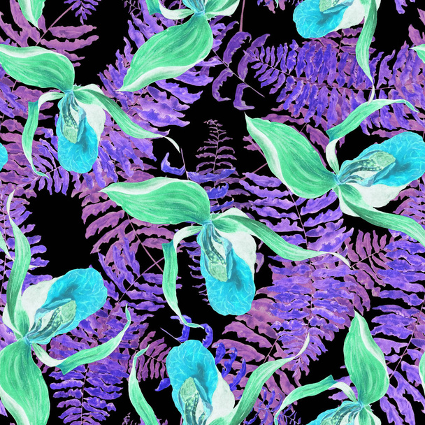 Watercolor floral seamless patern with tropical orchid flowers and ferns on black. Colorfui floral print. Exotic spring or summer nature background. - Foto, Bild