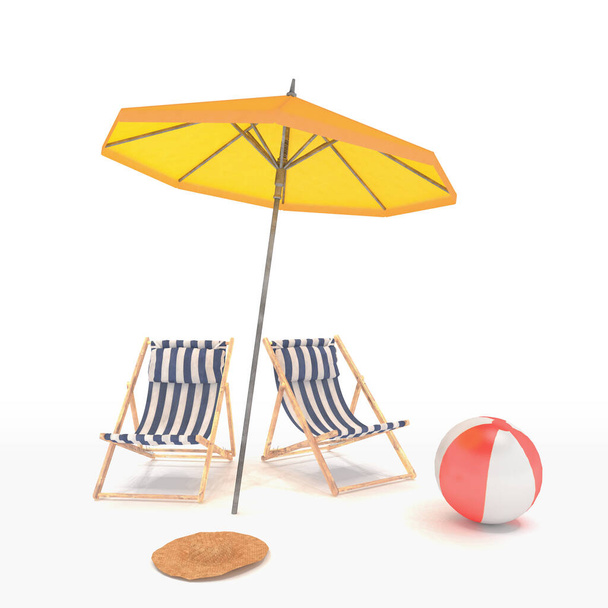 3D καθιστούν δύο ξαπλώστρες, ομπρέλα και μια μπάλα παραλία σε λευκό φόντο - καλοκαιρινές διακοπές - Φωτογραφία, εικόνα