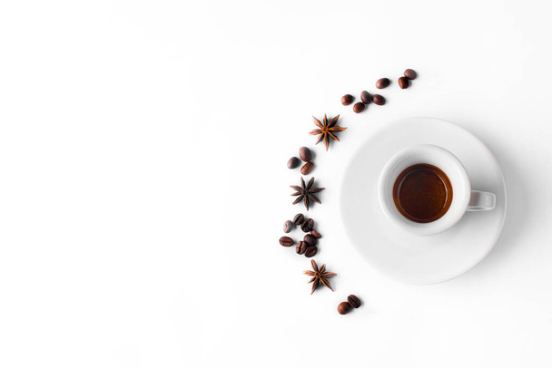 Cup of coffee , coffee beans on white background. Cup of espresso.Top view - Photo, image