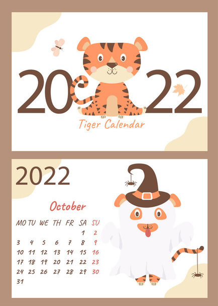 Set - October 2022 calendar and cover. Cute ghost tiger in a hat with spiders, Halloween holiday. horizontal A4 template. Week starts on Monday. Year of the Tiger in Chinese or orienta - Διάνυσμα, εικόνα