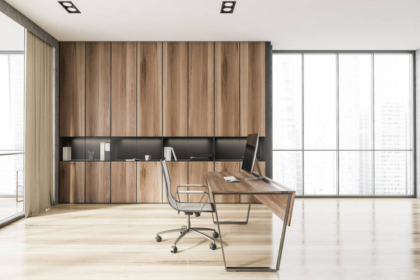 Side view van Scandinavische stijl CEO kantoor met stenen en houten muren, computer bureau en boekenkast. Panoramisch raam met wazig stadsgezicht. 3d destructie - Foto, afbeelding
