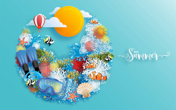 Summer time holiday vector design with beach,colorful tropical flowers heliconia rostrata,fruit,sea,nature,summer drink,under the sea,coral,flamingo,sun,sand,cocktail, paper cut style on background. - Vektor, obrázek