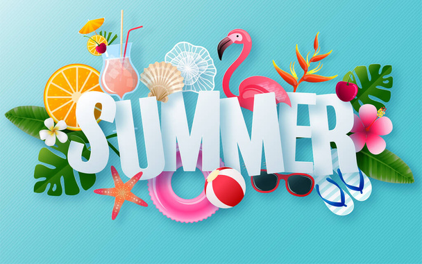 Summer time holiday vector design with beach,colorful tropical flowers heliconia rostrata,fruit,sea,nature,summer drink,under the sea,coral,flamingo,sun,sand,cocktail, paper cut style on background. - Vector, Imagen
