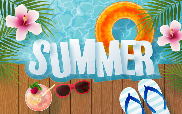 Plajlı yaz zamanı tatil vektör tasarımı, renkli tropikal çiçekler helyum çiçeği, meyve, deniz, doğa, yaz içeceği, denizin altında, mercan, flamingo, güneş, kum, kokteyl, arka planda kağıt kesimi tarzı. - Vektör, Görsel