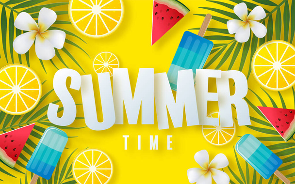 Diseño vectorial de vacaciones de verano con playa, coloridas flores tropicales heliconia rostrata, fruta, mar, naturaleza, bebida de verano, bajo el mar, coral, flamenco, sol, arena, cóctel, estilo de corte de papel en el fondo - Vector, Imagen