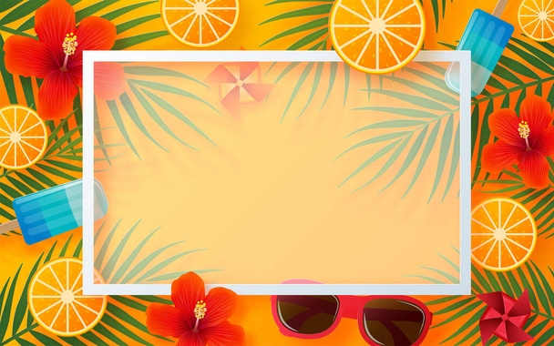 Sommerurlaub Vektor-Design mit Strand, bunten tropischen Blumen heliconia rostrata, Obst, Meer, Natur, Sommergetränk, unter dem Meer, Korallen, Flamingo, Sonne, Sand, Cocktail, Papier geschnitten Stil auf dem Hintergrund - Vektor, Bild