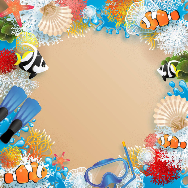 Nyári nyaralás vektor design strand, színes a tenger alatt, homok, korall, hal, kagyló, és elemek papír vágott kézműves stílus a háttér színe  - Vektor, kép