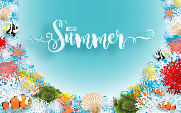 Diseño vectorial de vacaciones de verano con playa, colorido bajo el mar, arena, coral, peces, concha y elementos de papel cortado con estilo artesanal en color de fondo  - Vector, imagen