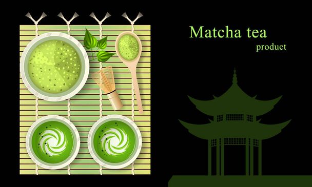 Matcha groene thee latte met melk in kopjes op bamboe mat - Vector, afbeelding