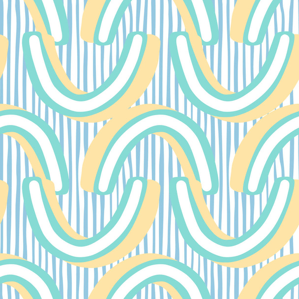 Mavi ve turuncu renkli üç boyutlu desenli komik geometrik dikişsiz desen. Mavi çizgili arka plan. Kumaş tasarımı, tekstil baskısı, ambalaj ve kapak için mükemmel. Vektör illüstrasyonu. - Vektör, Görsel