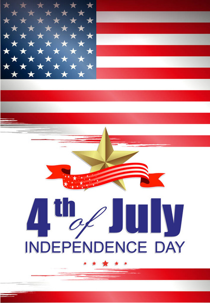 Tarjeta de vacaciones con bandera de EE.UU., día de la independencia, estrella de oro con cinta, componente de diseño. - Vector, imagen