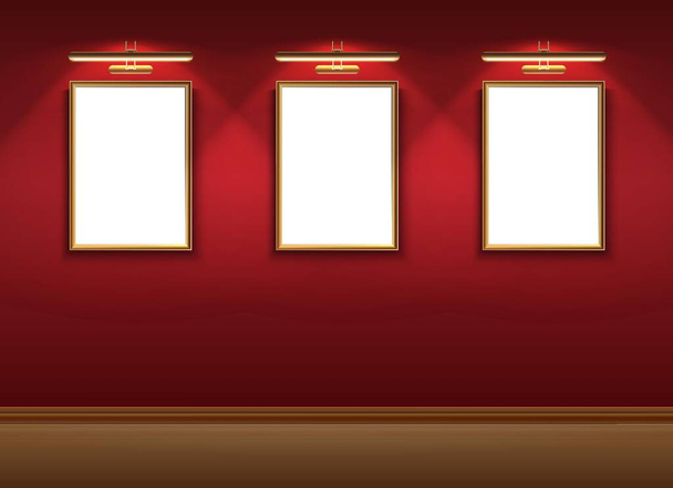 3d realistische vector museum kamer met mock up foto 's frames op de opknoping van de rode muur. - Vector, afbeelding
