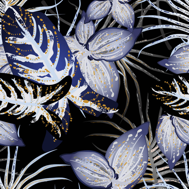 Tropical Leaf. Modern Motif. Jungle Print. Foliage Summer Seamless Pattern. Trending Greenery Vector Background. Artistic Botanical Surface. Abstract Plant Texture For Fashion. Dark Brush Drawing. - Vetor, Imagem