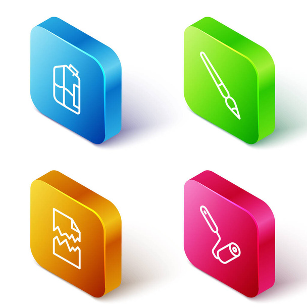 Set Isometric line Printer ink bottle, Paint brush, Torn document and roller icon. Vector - Vector, Image